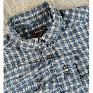 Woolrich Plaid Button Down Long Sleeve Shirt Blue Men's XL Pocket STAIN **
